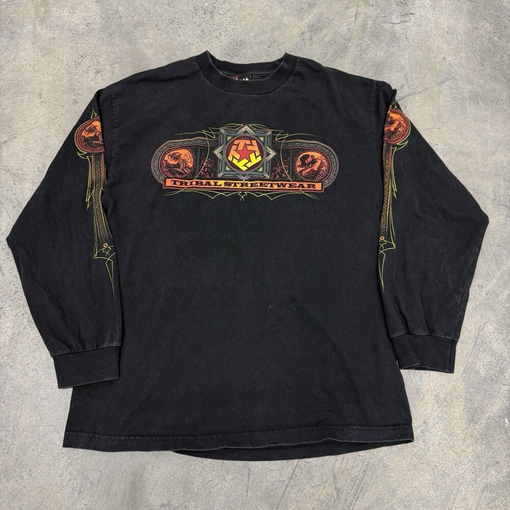Vtg Tribal Gear Longsleeve Shirt Mens L Black Graffiti Streetwear 90s Sleeve Hit
